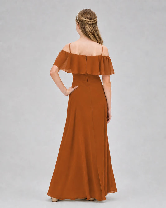 Burnt Orange Chiffon Off-The-Shoulder Junior Bridesmaid Dresses Back View