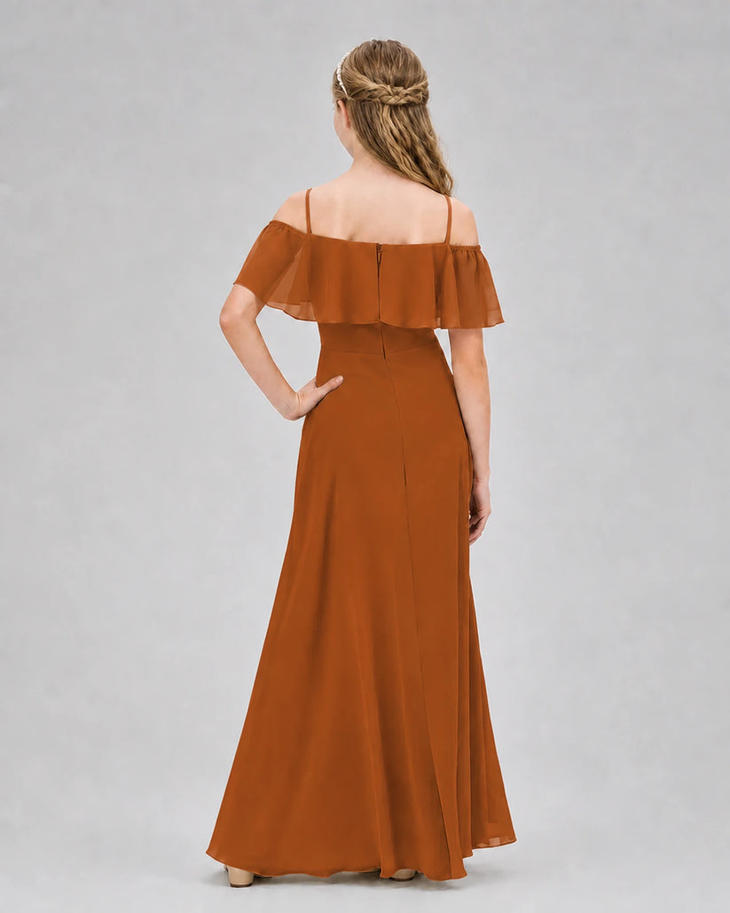 Burnt Orange Chiffon Off-The-Shoulder Junior Bridesmaid Dresses Back View