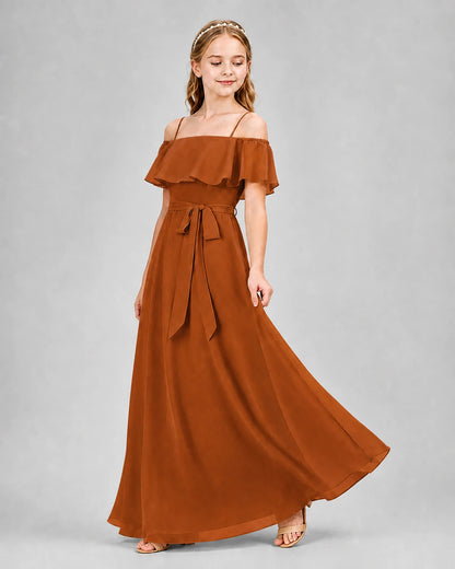 Burnt orange chiffon off-the-shoulder junior bridesmaid dress