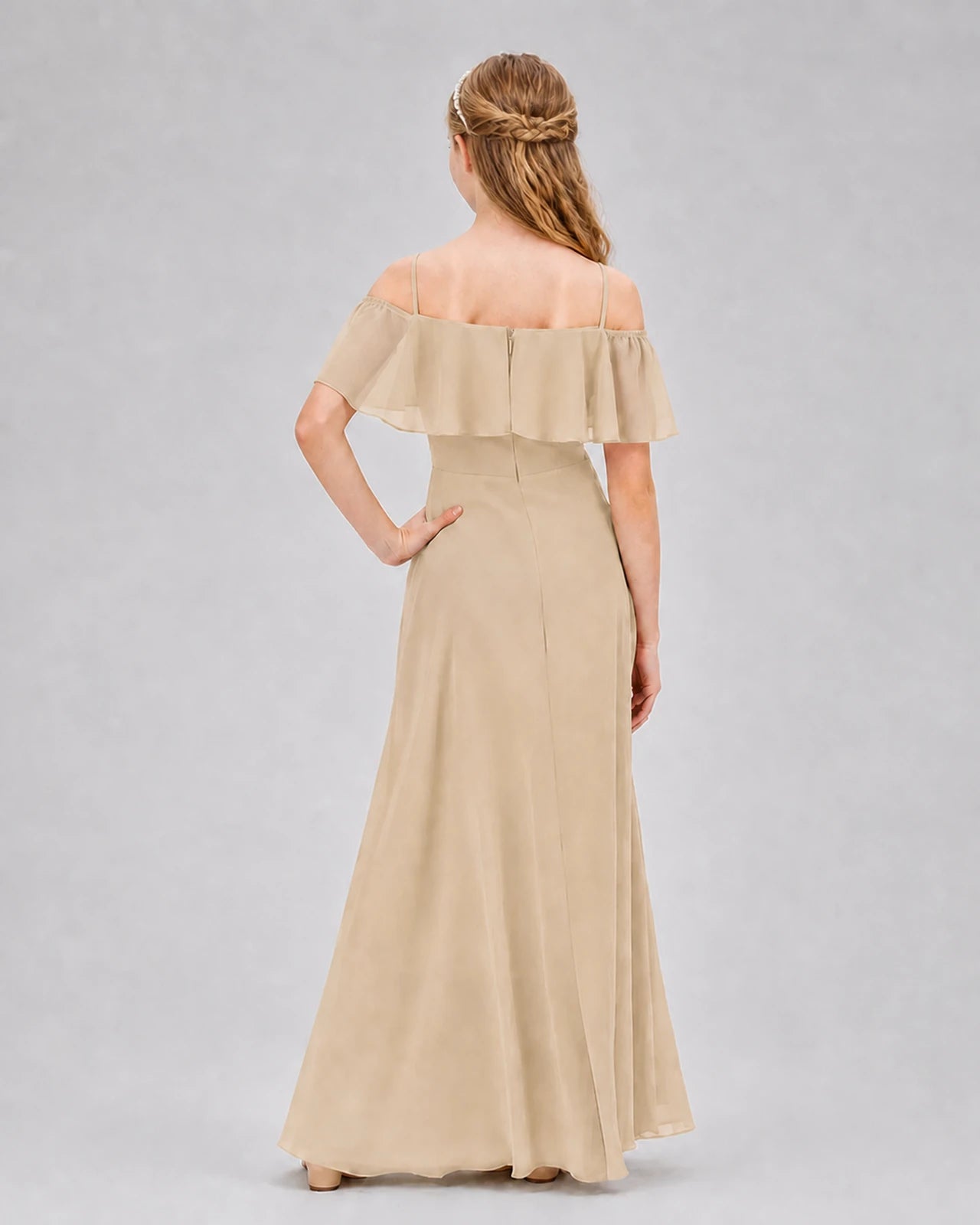 Champagne Chiffon Off-the-Shoulder Junior Bridesmaid Dresses Back View