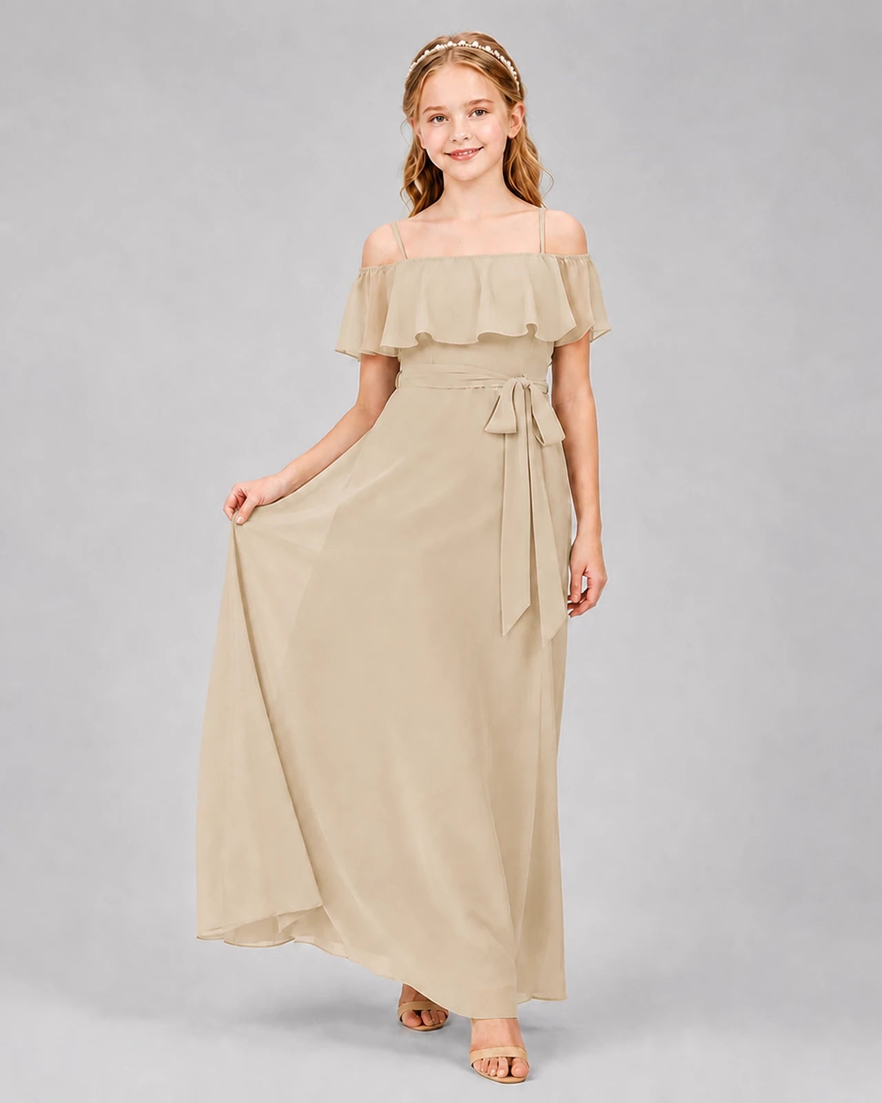 Champagne Chiffon Cold Shoulder A-Line Junior Bridesmaid Dresses Front View