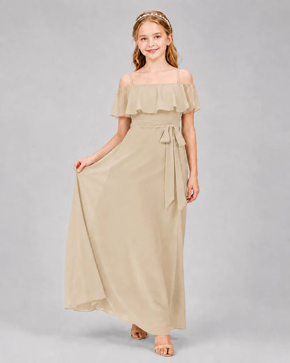 Champagne Chiffon Cold Shoulder A-Line Junior Bridesmaid Dresses Front View