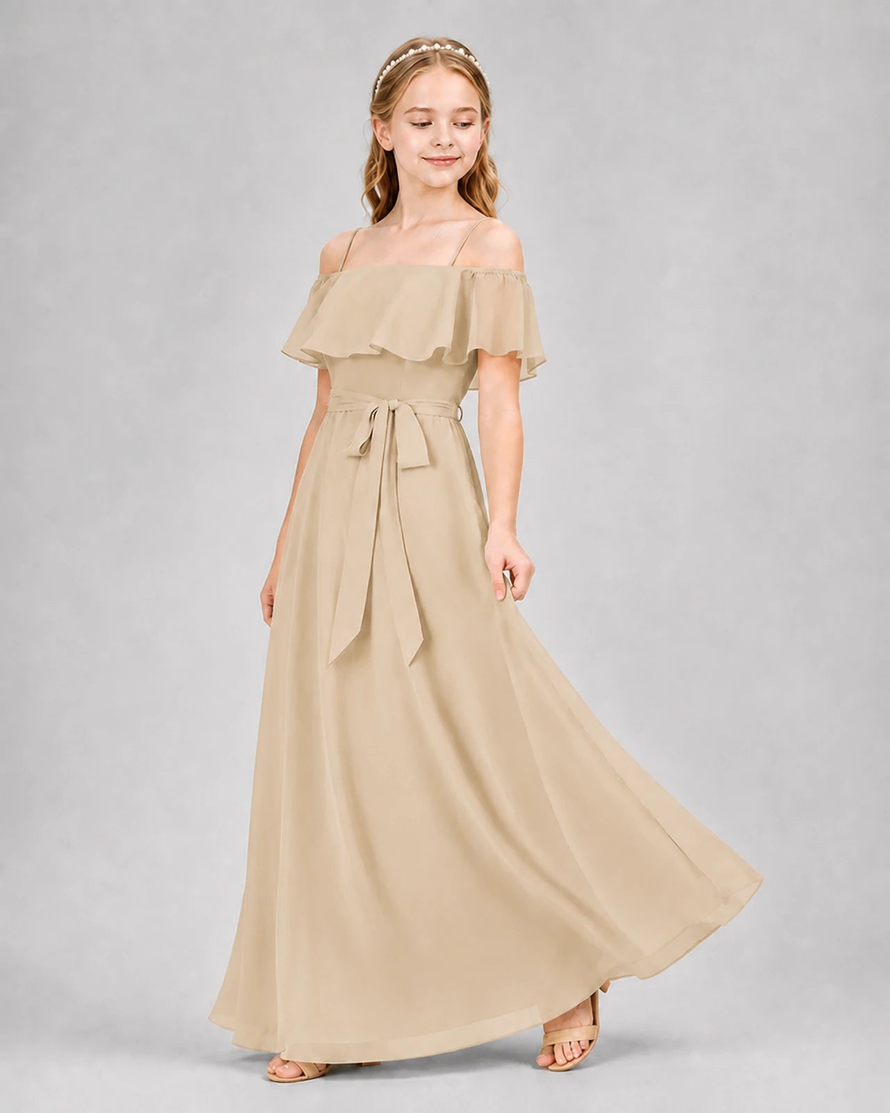 Champagne Chiffon Off-The-Shoulder Junior Bridesmaid Dresses