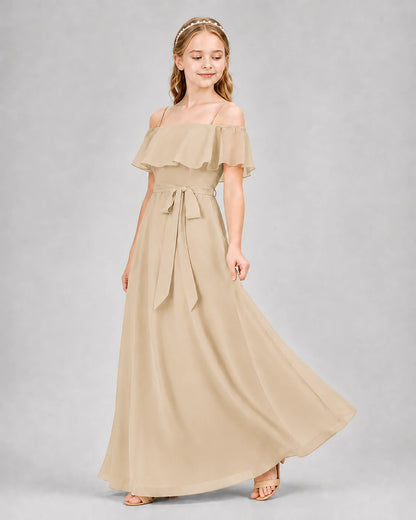 Champagne Chiffon Off-The-Shoulder Junior Bridesmaid Dresses