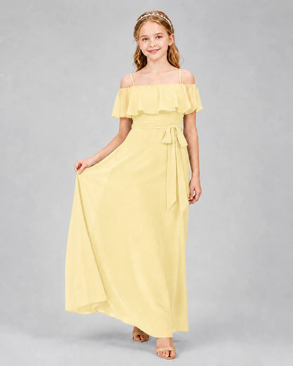 Daffodil Chiffon Off-The-Shoulder Junior Bridesmaid Dresses Front View