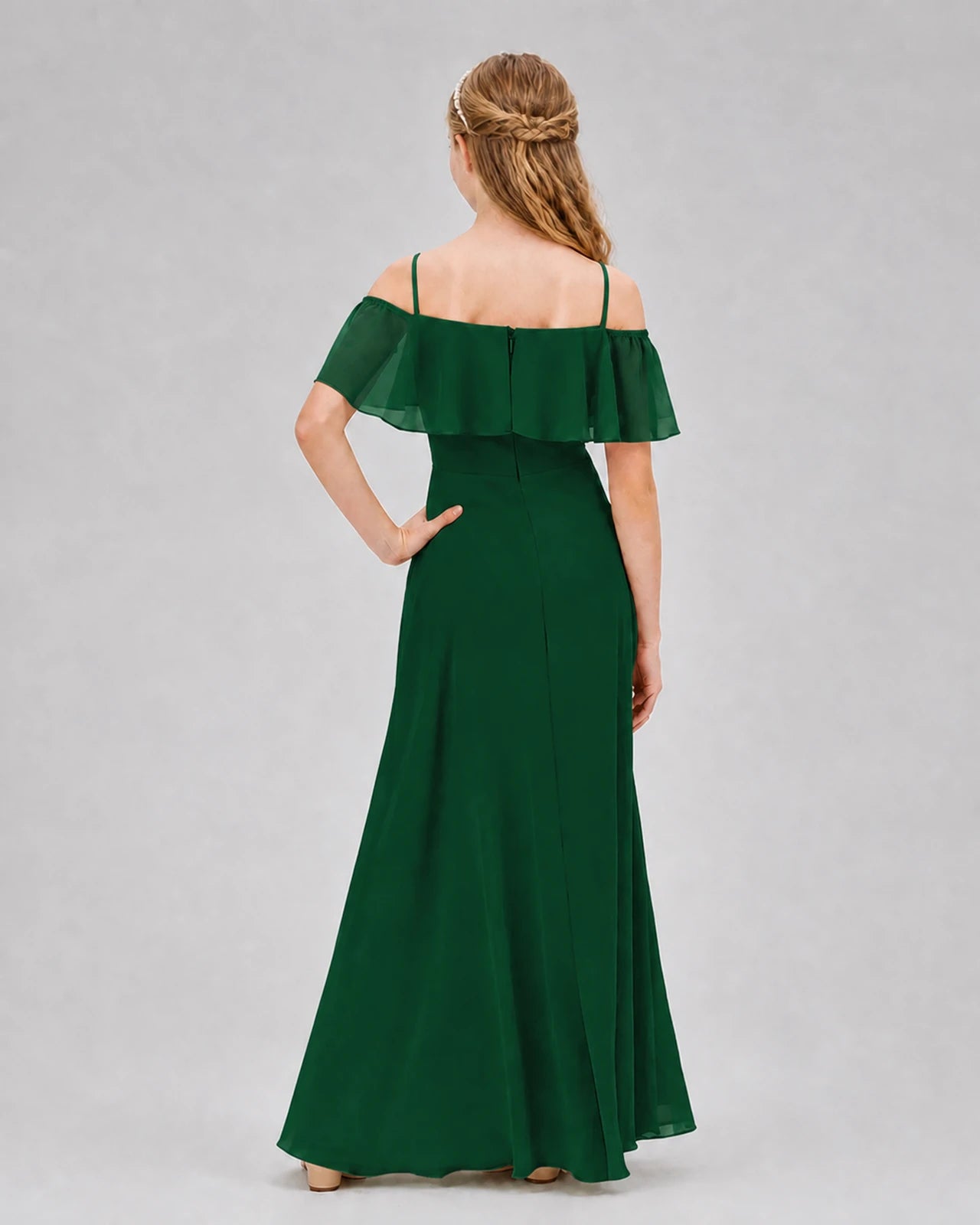 Dark Green Chiffon Ruffle Cold Shoulder Junior Bridesmaid Dresses Back View
