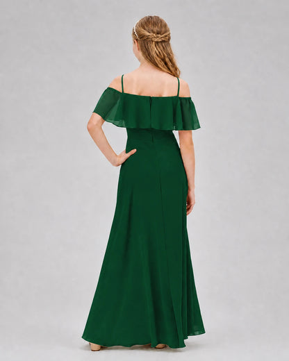 Dark Green Chiffon Ruffle Cold Shoulder Junior Bridesmaid Dresses Back View
