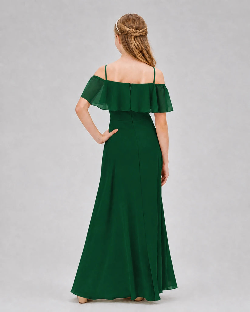 Dark Green Chiffon Ruffle Cold Shoulder Junior Bridesmaid Dresses Back View