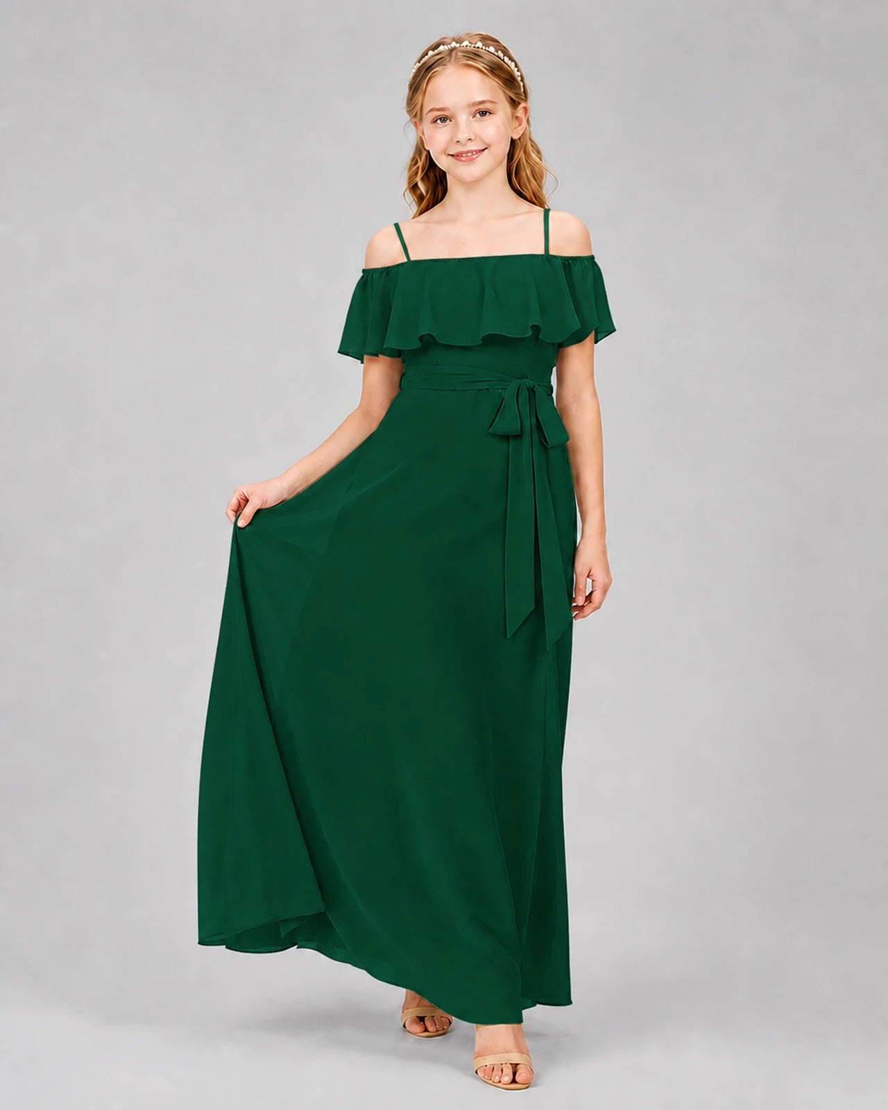 Dark Green Chiffon Off-the-Shoulder Junior Bridesmaid Dresses Front View