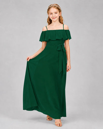 Dark Green Chiffon Off-the-Shoulder Junior Bridesmaid Dresses Front View