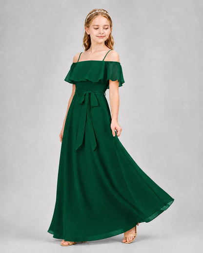 Dark Green Chiffon Off-the-Shoulder Junior Bridesmaid Dress