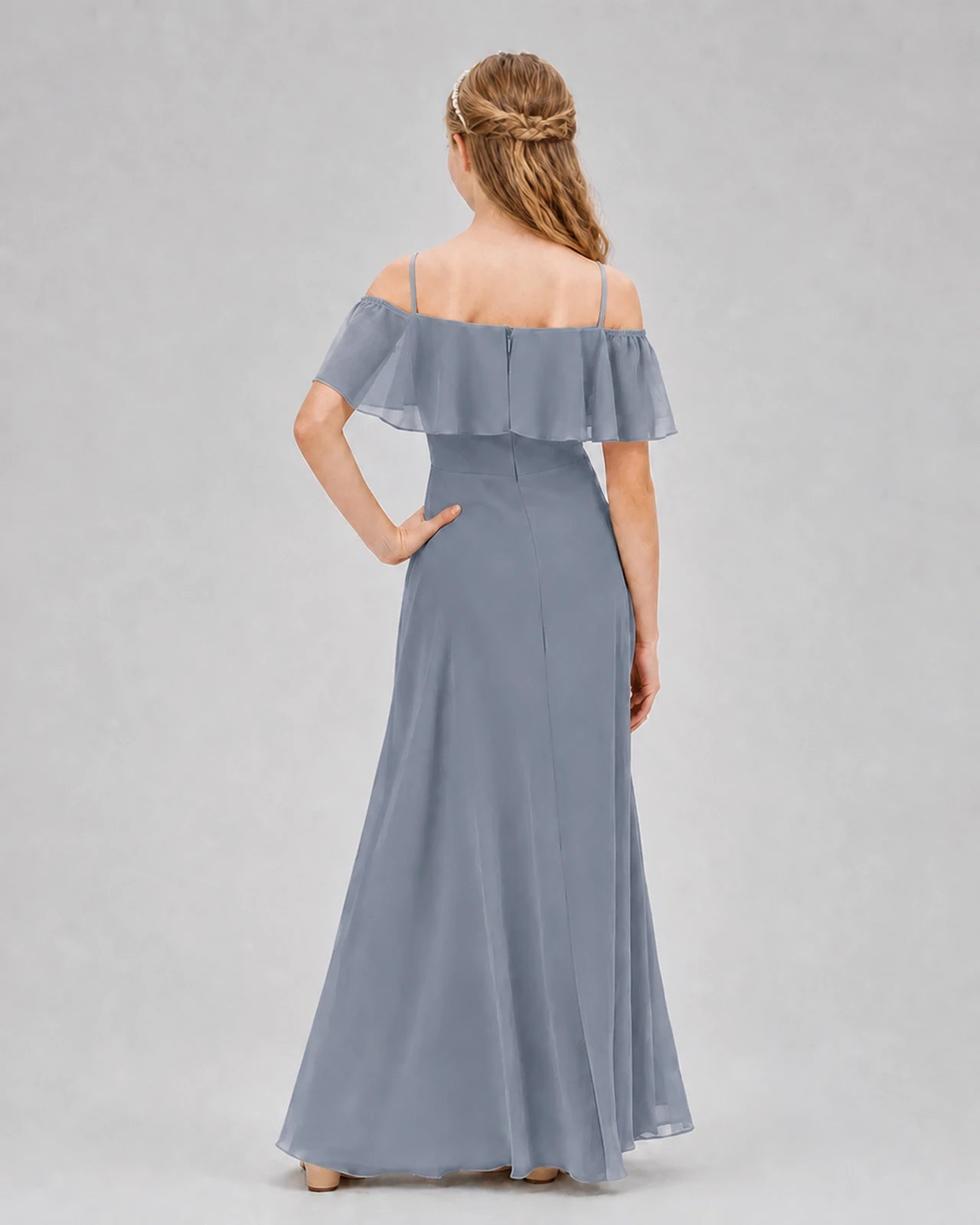 Dusty Blue Chiffon Ruffle Cold Shoulder Junior Bridesmaid Dresses Back View