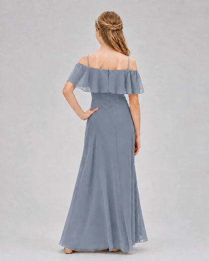 Dusty Blue Chiffon Ruffle Cold Shoulder Junior Bridesmaid Dresses Back View