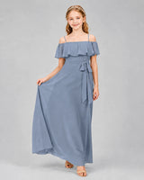 Dusty Blue Chiffon Off-the-Shoulder Junior Bridesmaid Dresses Front View