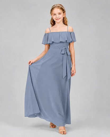 Dusty Blue Chiffon Off-the-Shoulder Junior Bridesmaid Dresses Front View