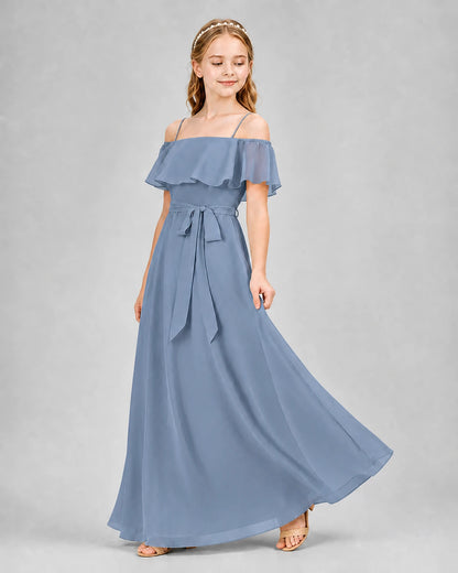Dusty Blue Chiffon Off-the-Shoulder Junior Bridesmaid Dress