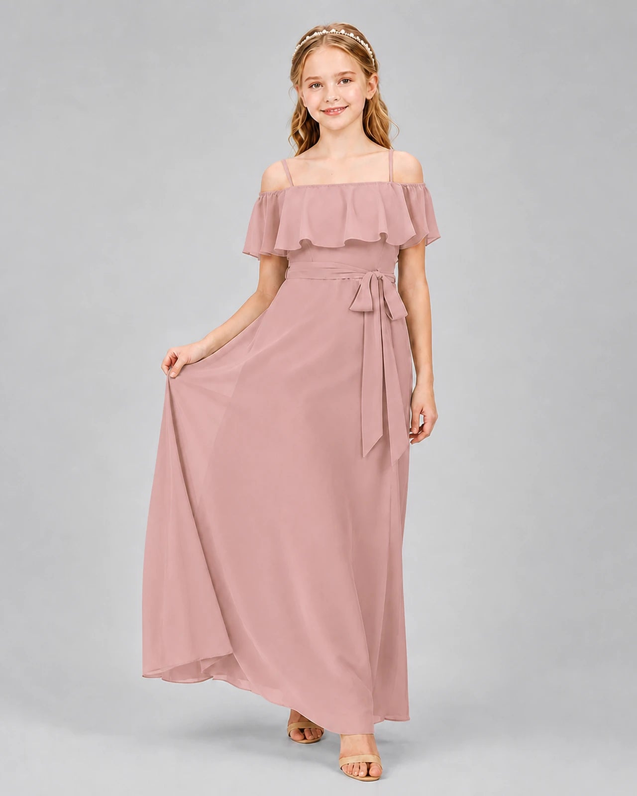 Dusty Rose Chiffon Cold Shoulder A-Line Junior Bridesmaid Dresses Front View