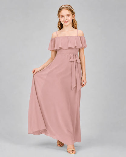 Dusty Rose Chiffon Cold Shoulder A-Line Junior Bridesmaid Dresses Front View