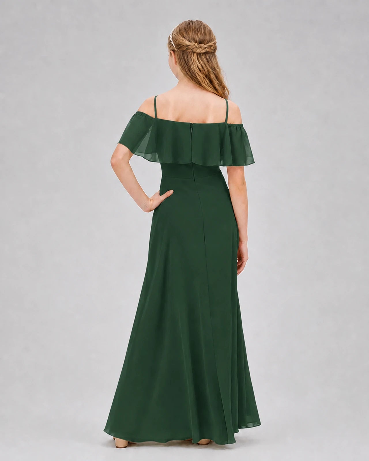 Emerald Green Chiffon Cold Shoulder Junior Bridesmaid Dresses Back View