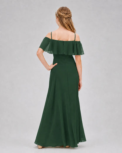 Emerald Green Chiffon Cold Shoulder Junior Bridesmaid Dresses Back View