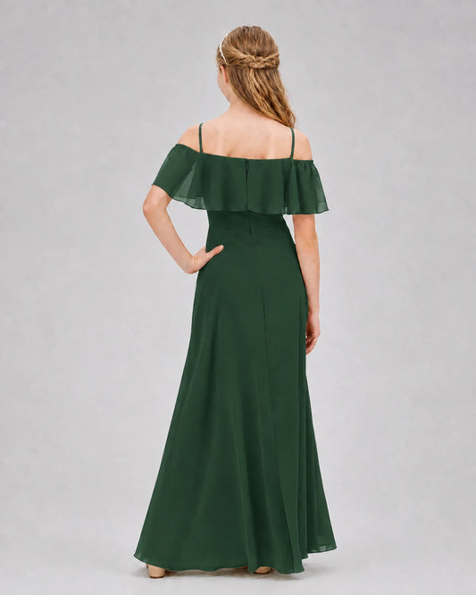 Emerald Green Chiffon Cold Shoulder Junior Bridesmaid Dresses Back View