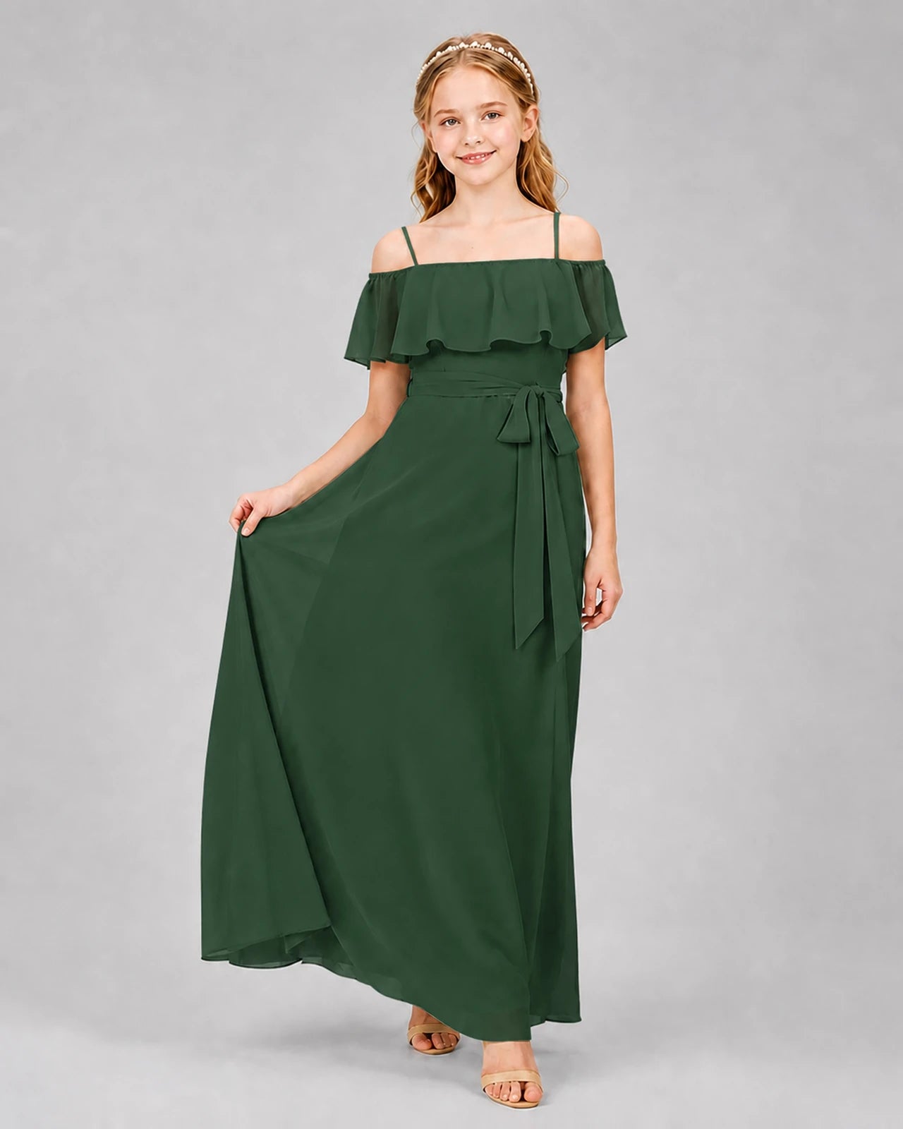 Emerald Green Chiffon Ruffle Cold Shoulder Junior Bridesmaid Dresses Front View