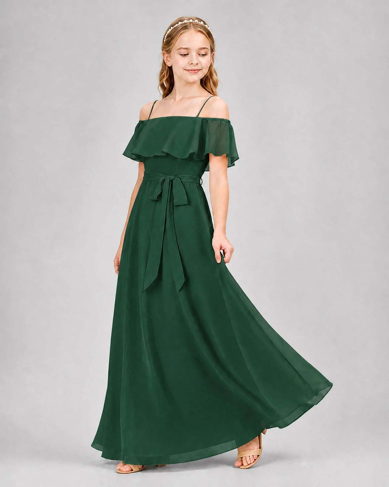 Emerald Green Chiffon Off-the-Shoulder Junior Bridesmaid Dresses