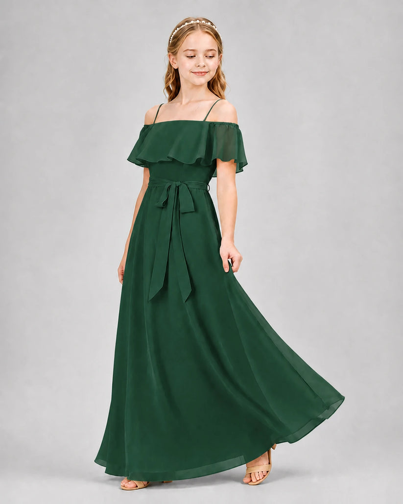 Emerald Green Chiffon Off-the-Shoulder Junior Bridesmaid Dresses