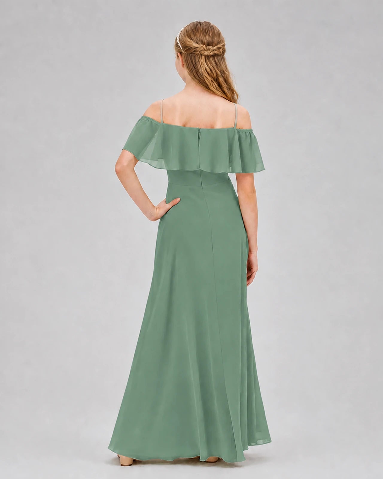 Eucalyptus Chiffon Off-the-Shoulder Junior Bridesmaid Dresses Back View