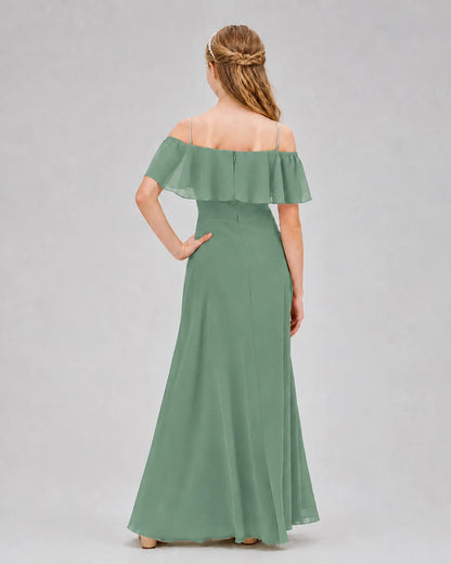 Eucalyptus Chiffon Off-the-Shoulder Junior Bridesmaid Dresses Back View