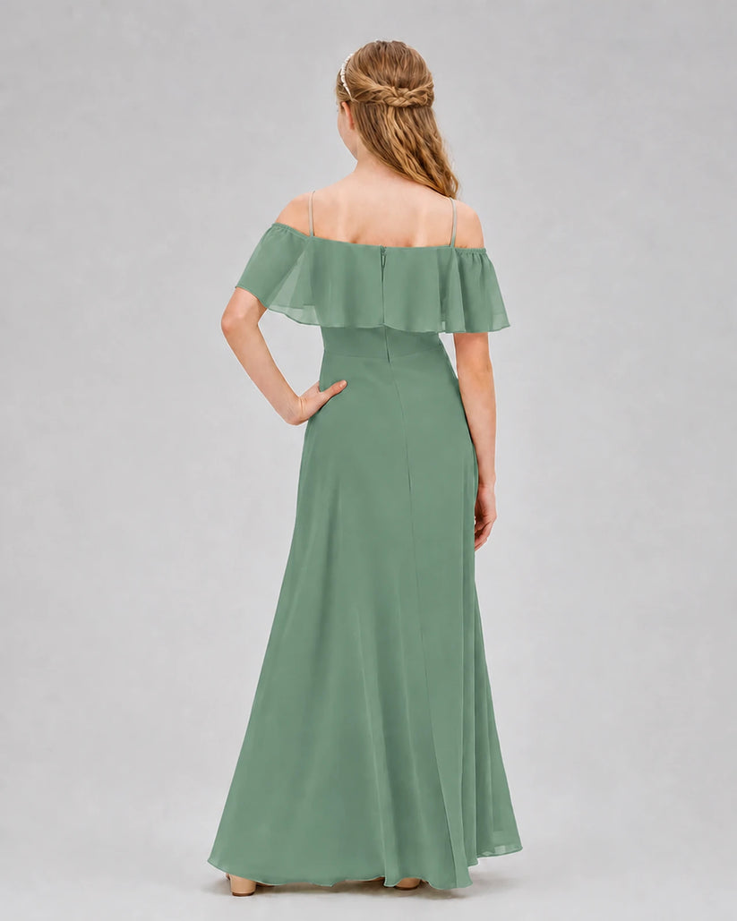 Eucalyptus Chiffon Off-the-Shoulder Junior Bridesmaid Dresses Back View