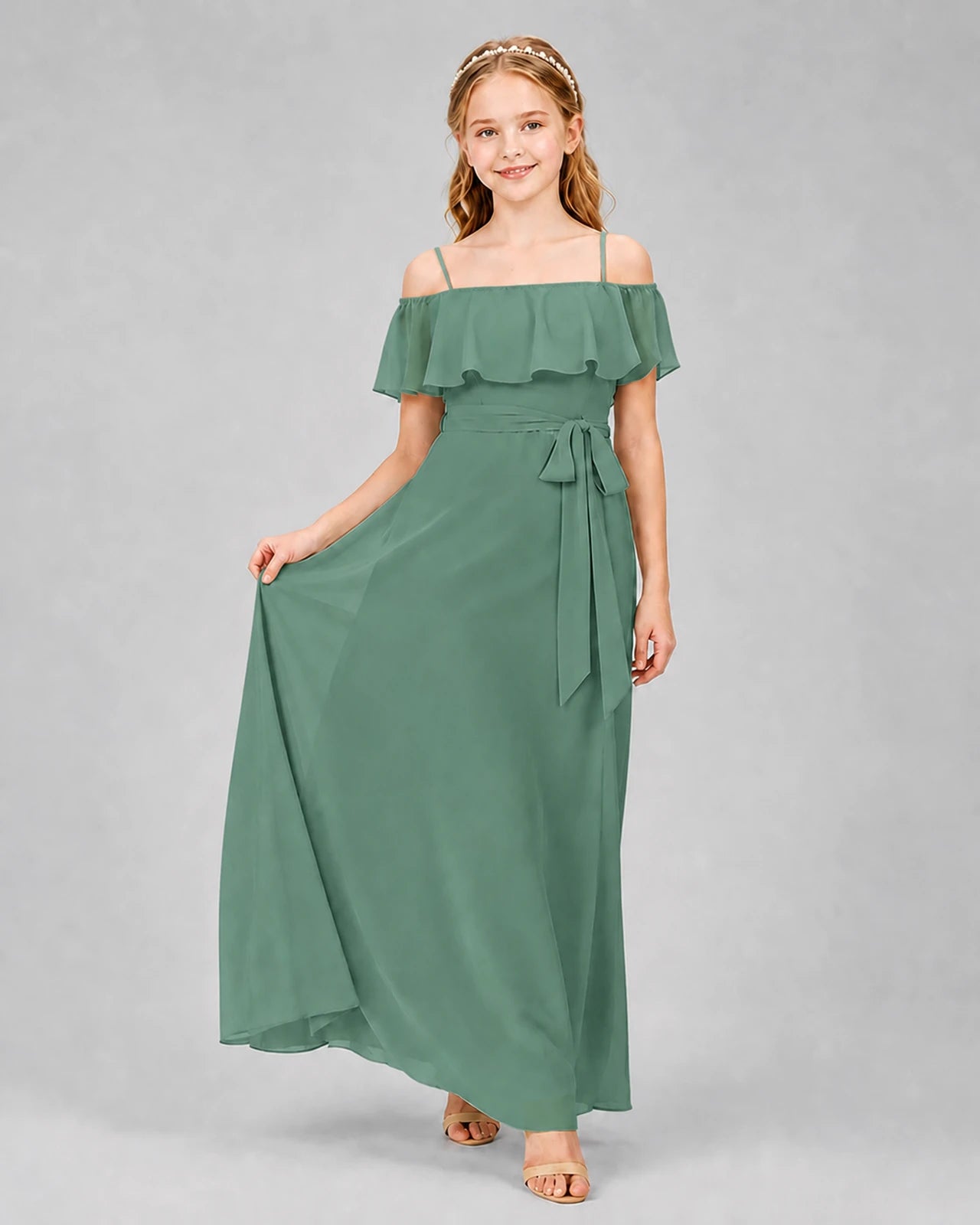 Eucalyptus chiffon cold-shoulder junior bridesmaid dress, front view.