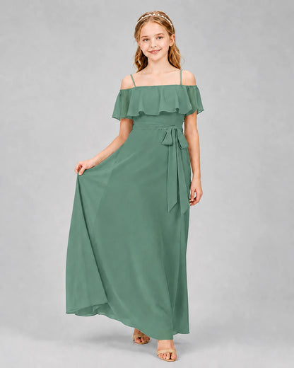 Eucalyptus chiffon cold-shoulder junior bridesmaid dress, front view.