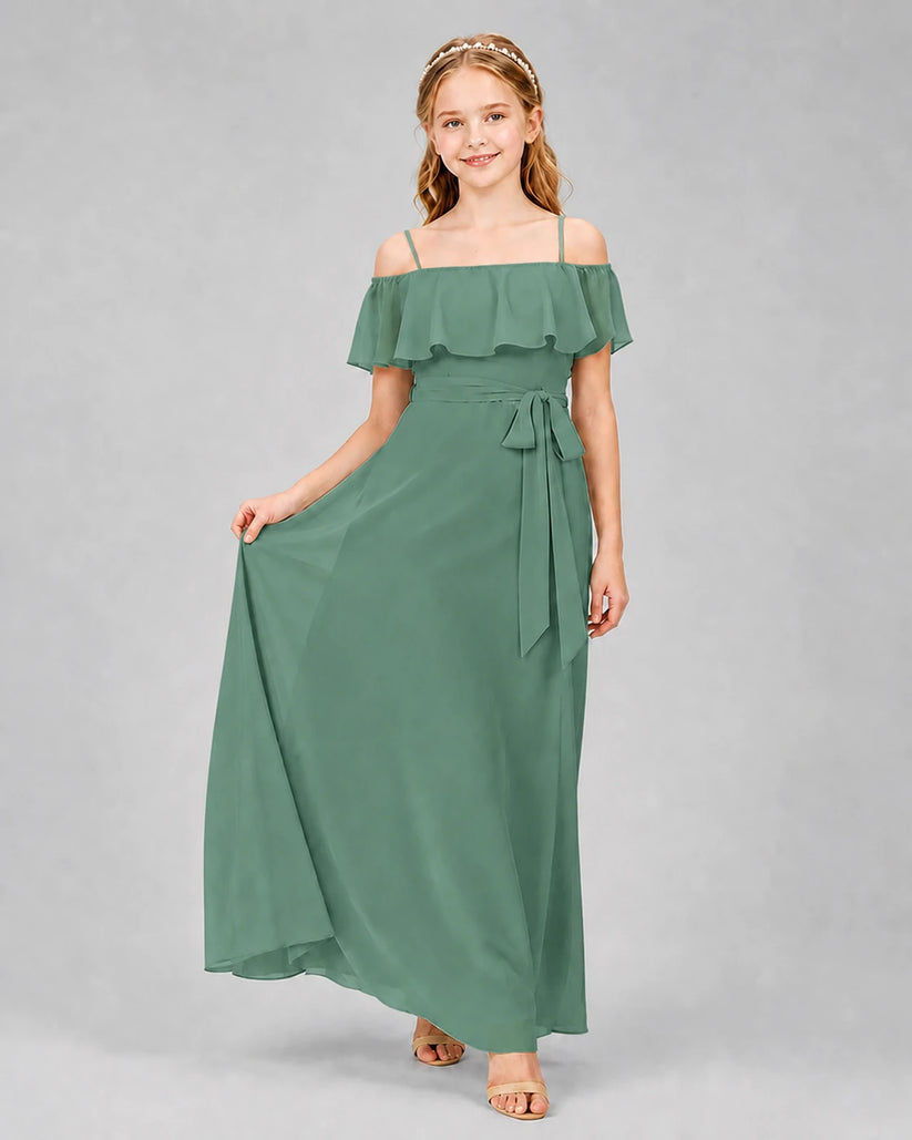 Eucalyptus chiffon cold-shoulder junior bridesmaid dress, front view.