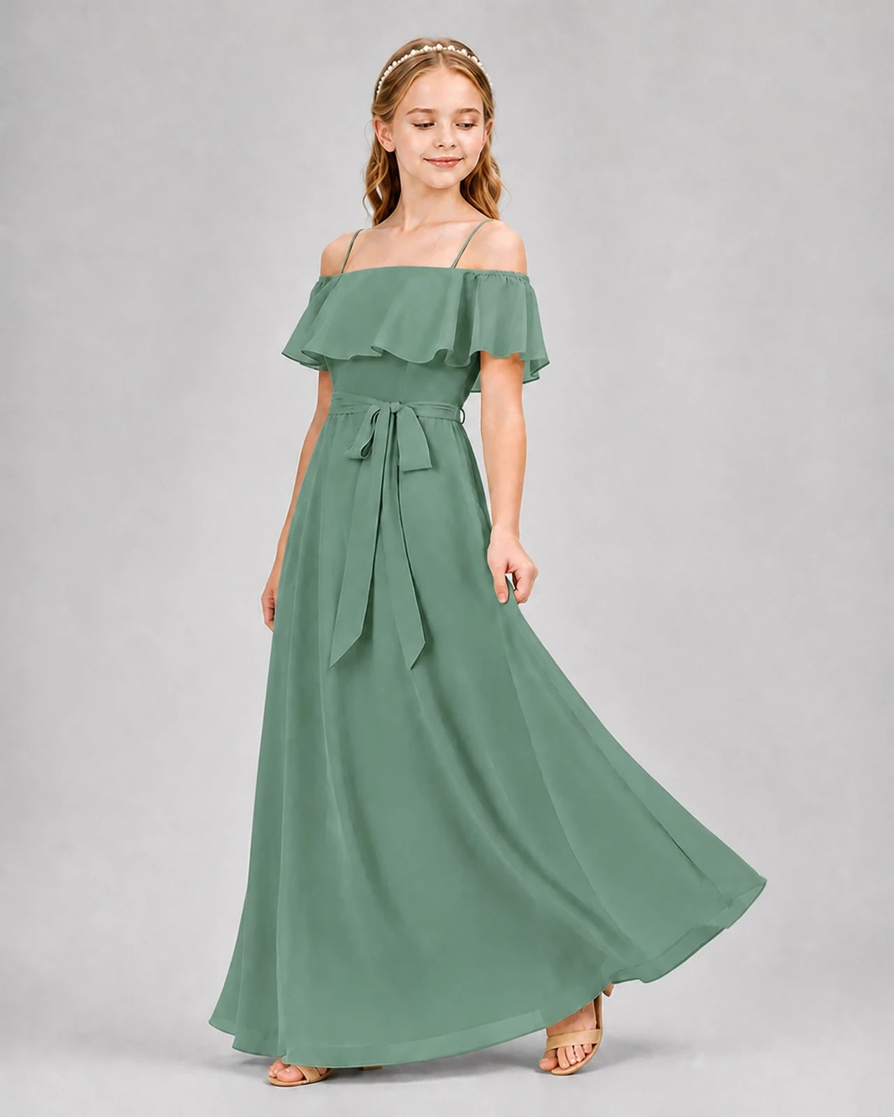 Eucalyptus Chiffon Off-the-Shoulder Junior Bridesmaid Dresses