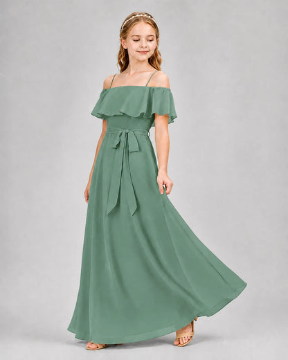 Eucalyptus Chiffon Off-the-Shoulder Junior Bridesmaid Dresses