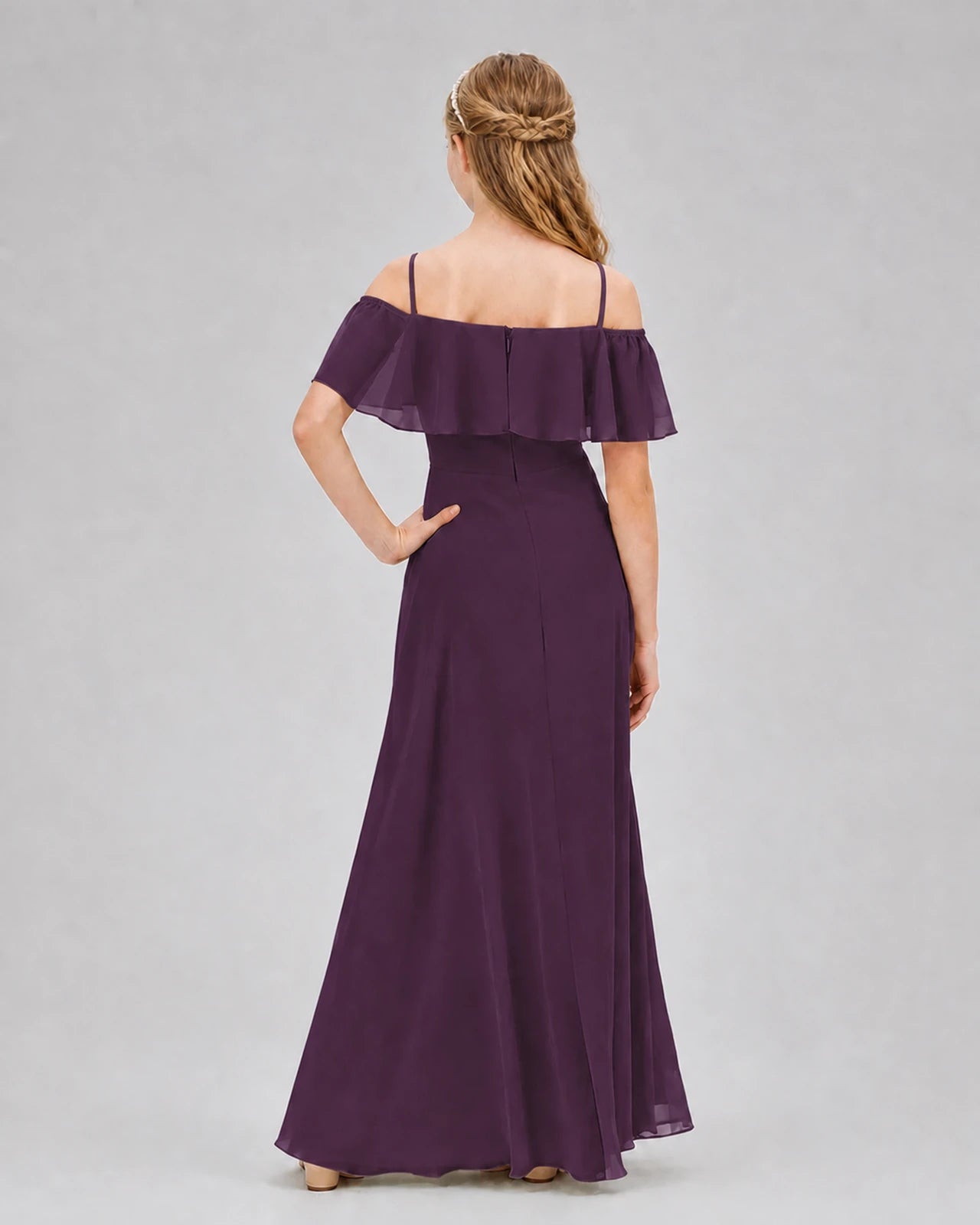 Grape Chiffon Off-the-Shoulder Junior Bridesmaid Dresses Back View