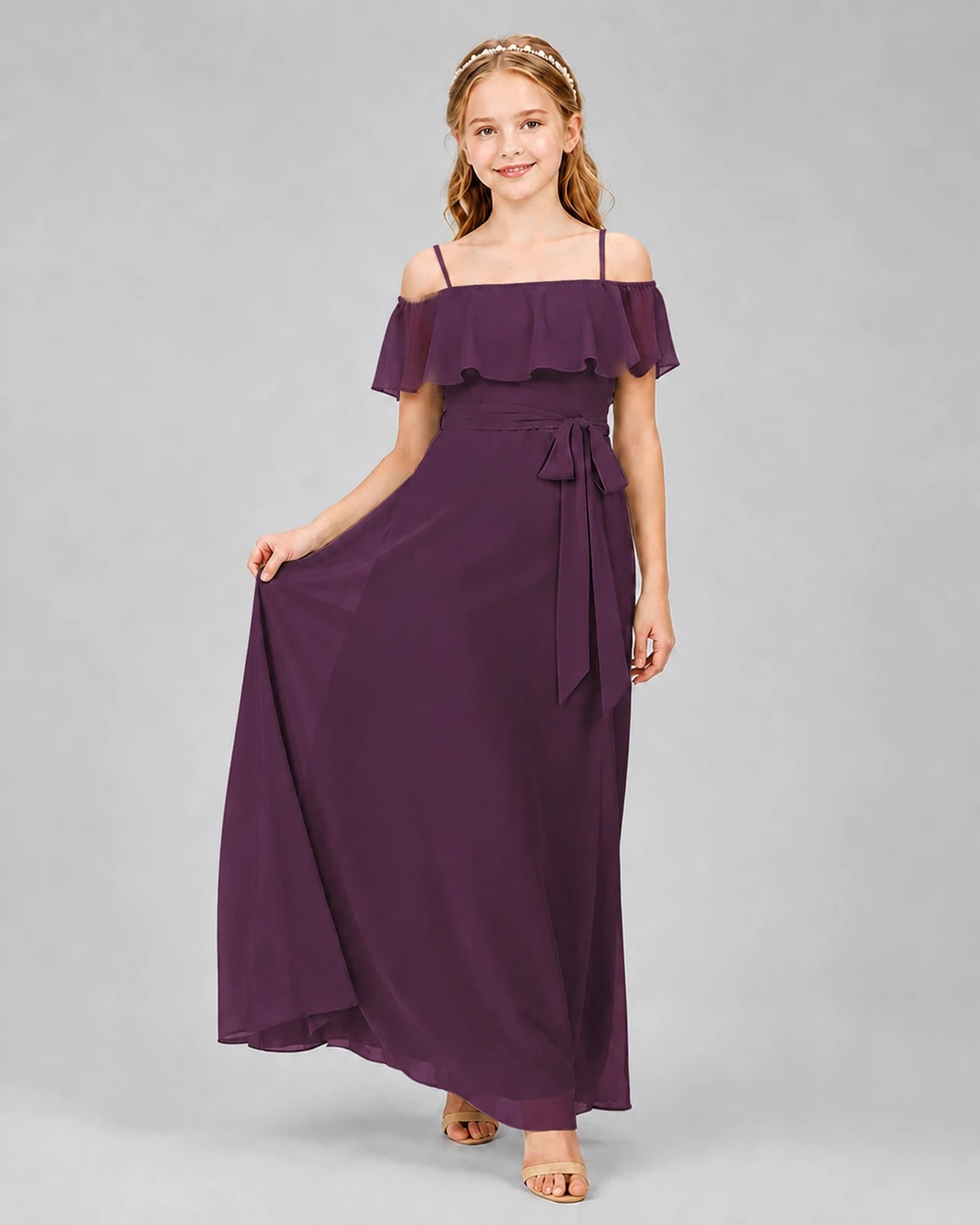 Grape Chiffon Off-the-Shoulder Junior Bridesmaid Dresses Front View