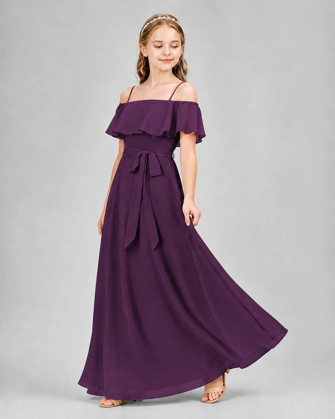 Grape Chiffon Off-the-Shoulder Junior Bridesmaid Dresses