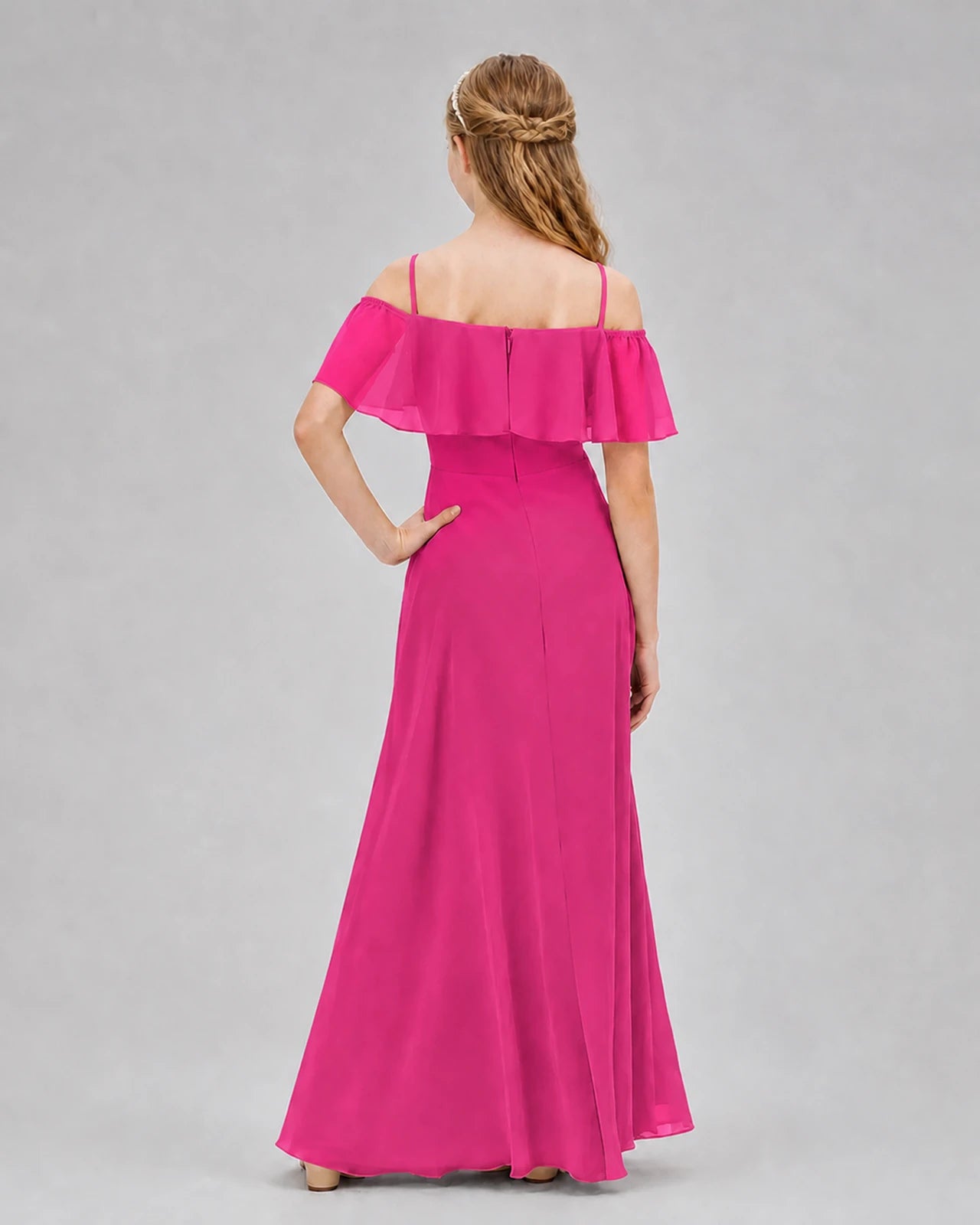 Hot Pink Chiffon Off-the-Shoulder Junior Bridesmaid Dresses Back View