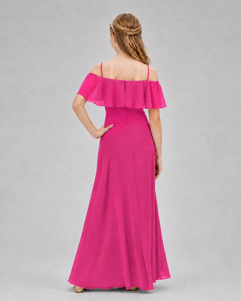 Hot Pink Chiffon Off-the-Shoulder Junior Bridesmaid Dresses Back View