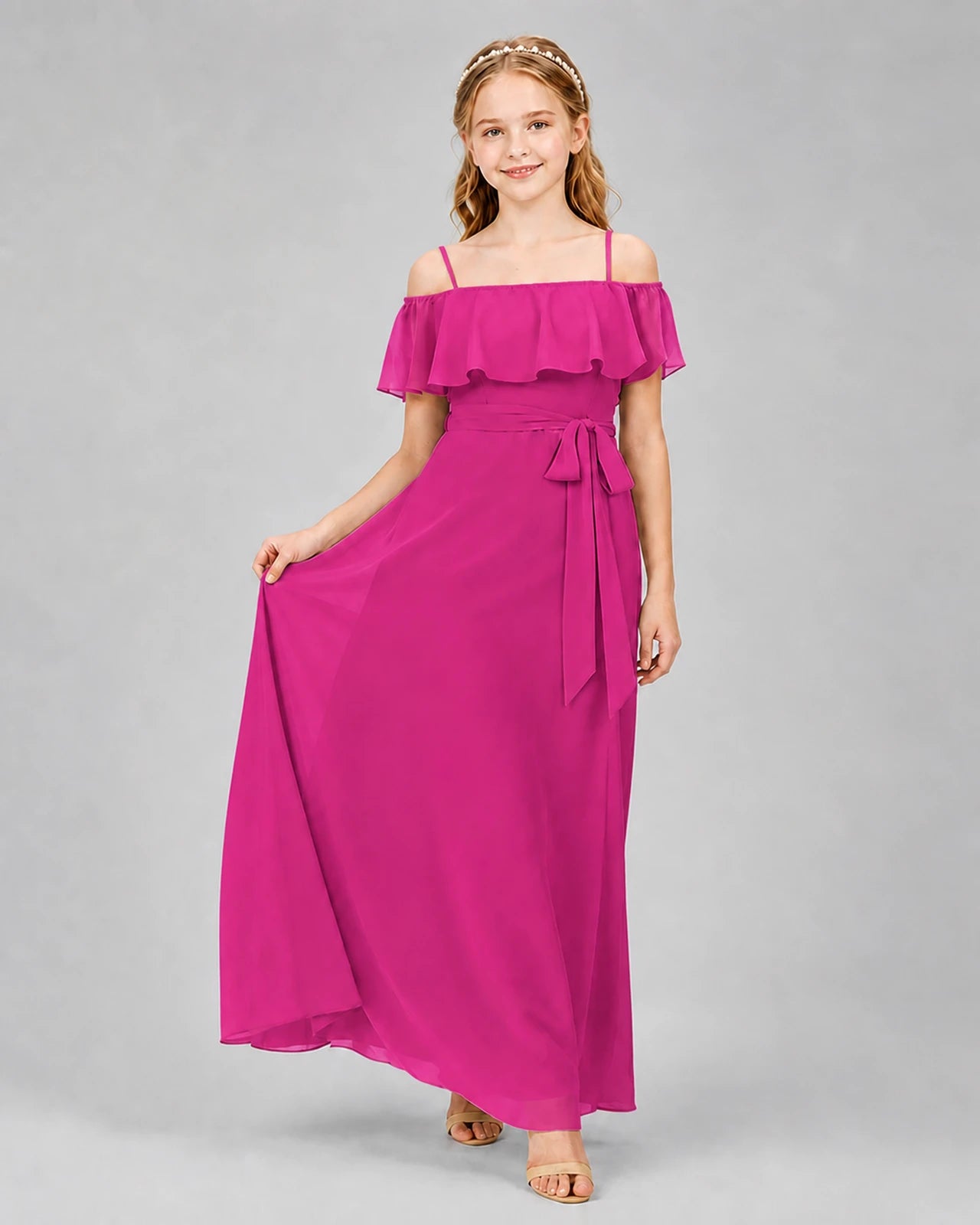 Hot Pink Chiffon Off-the-Shoulder Junior Bridesmaid Dresses Front View