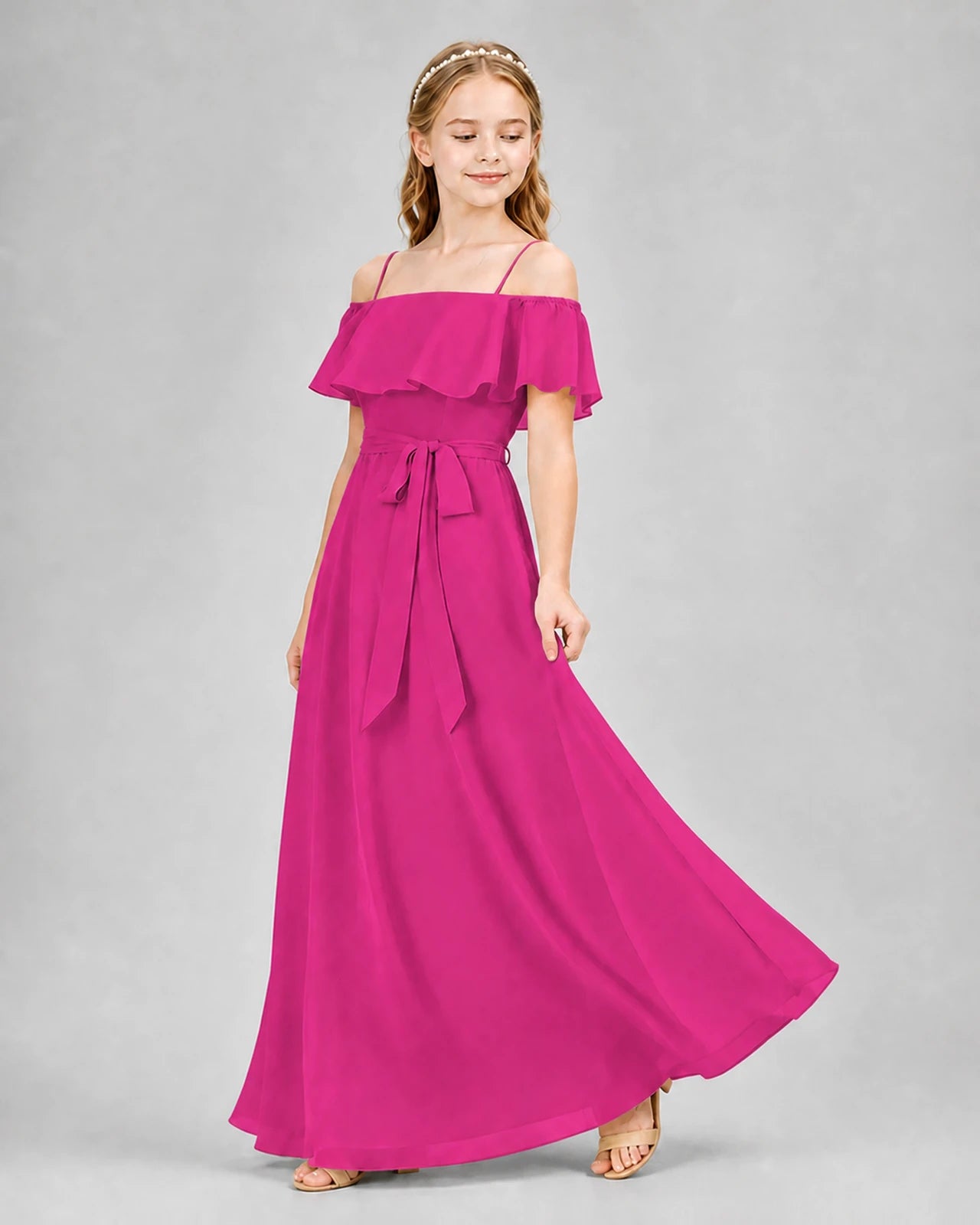 Hot Pink Chiffon Off-the-Shoulder Junior Bridesmaid Dresses