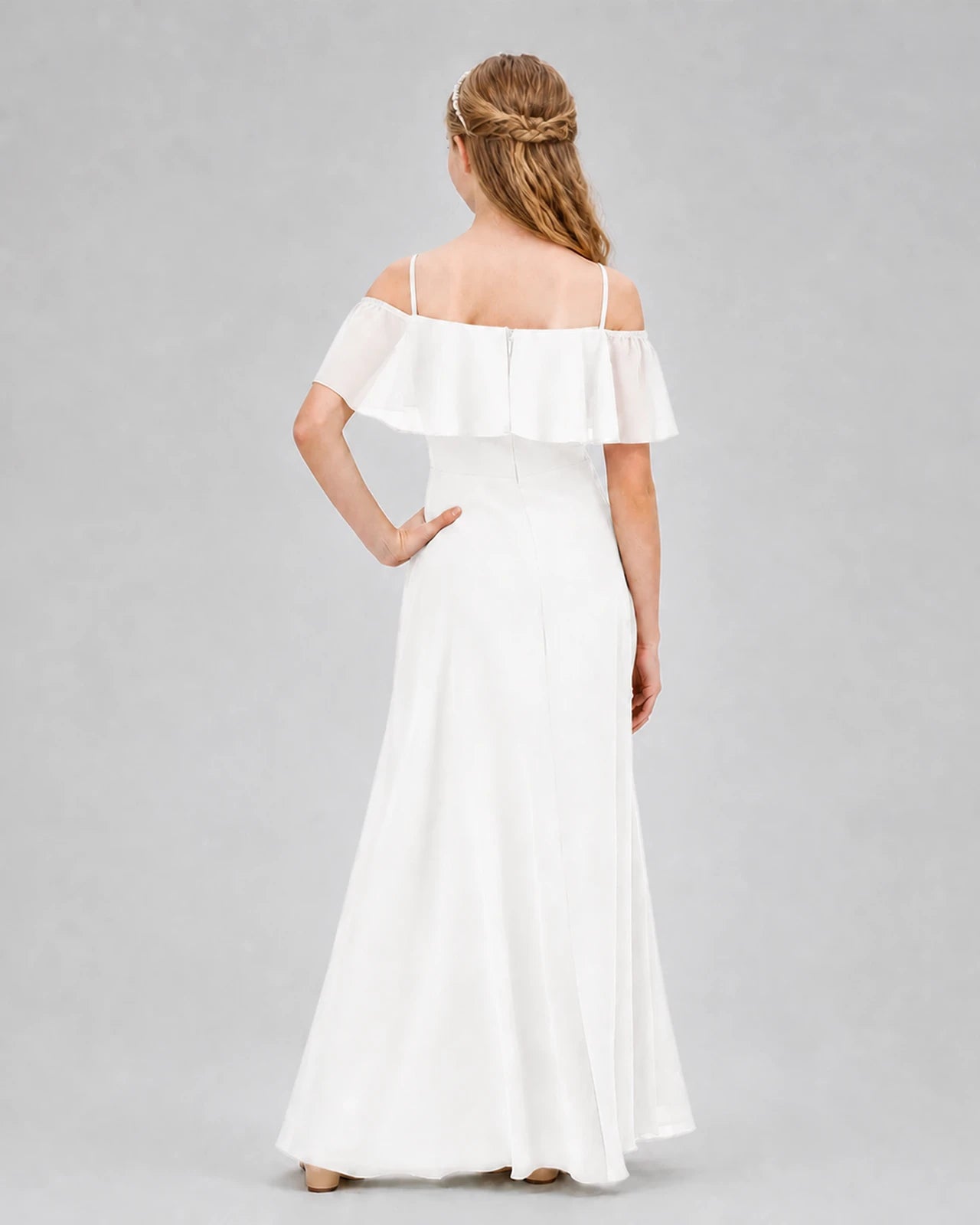Ivory Chiffon Off-the-Shoulder Junior Bridesmaid Dress Back View