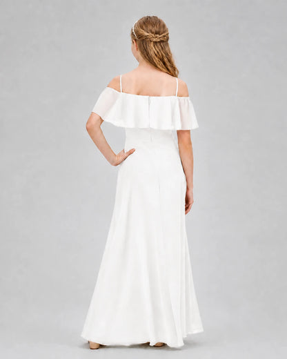 Ivory Chiffon Off-the-Shoulder Junior Bridesmaid Dress Back View