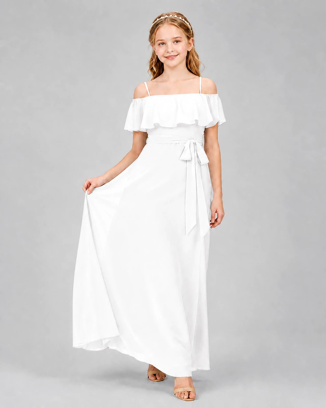Ivory Chiffon Off-the-Shoulder Junior Bridesmaid Dresses Front View
