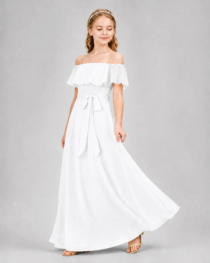 Ivory chiffon off-the-shoulder junior bridesmaid dress