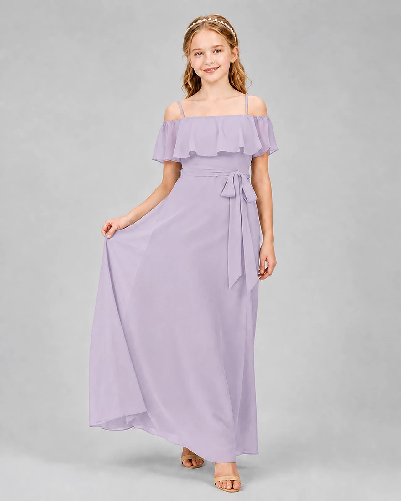 Lavender Chiffon Off-Shoulder Junior Bridesmaid Dresses Front View