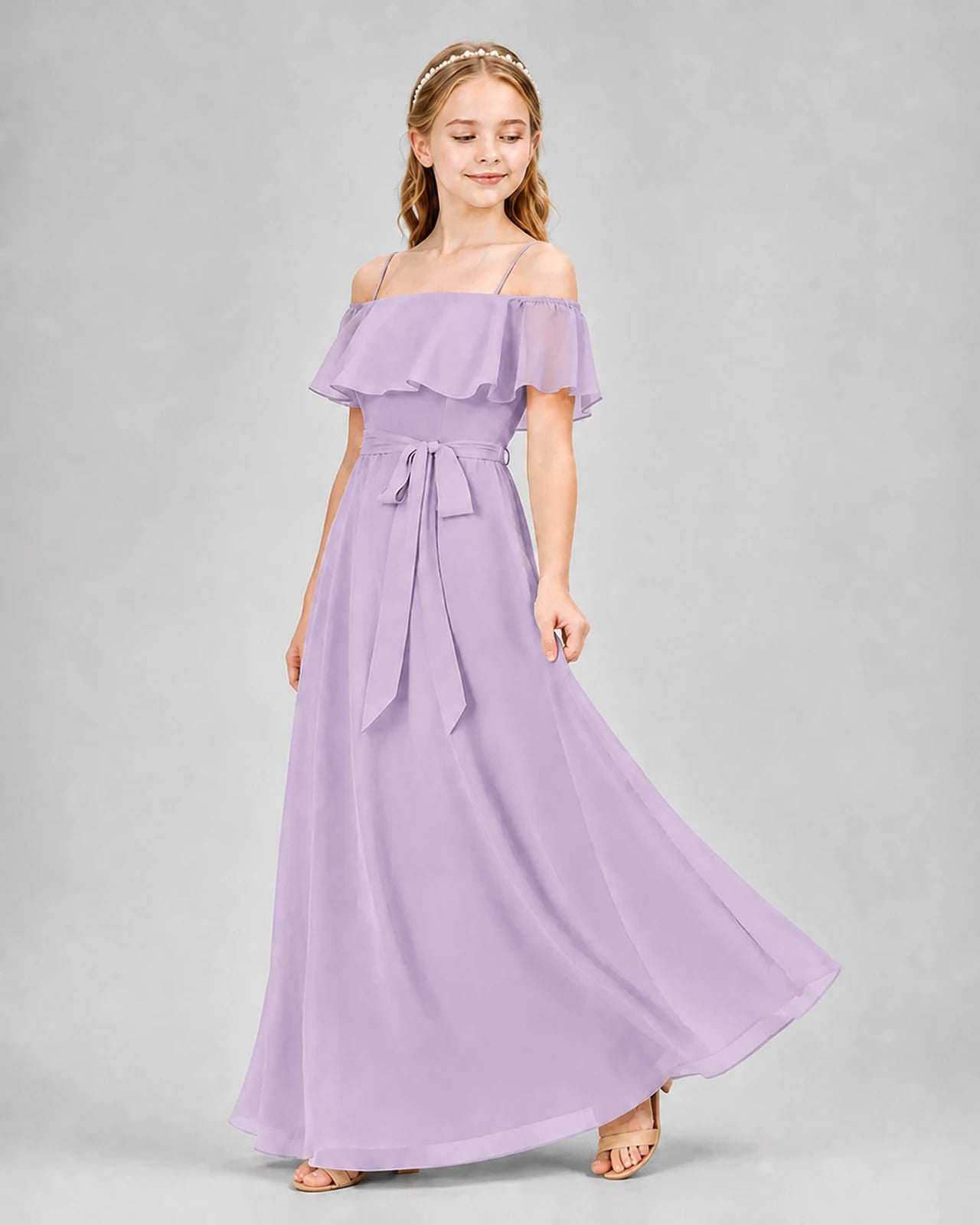 Lavender chiffon off-the-shoulder junior bridesmaid dress
