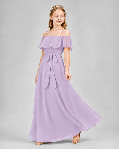 Lavender chiffon off-the-shoulder junior bridesmaid dress